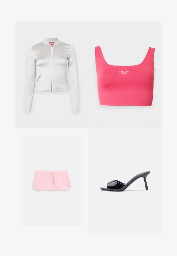 Veste zippée en satin blanc avec des manches longues, design ajusté, col côtelé et détail de logo rouge au niveau du cou. Texture lisse avec un reflet minimal.; Débardeur court rose à encolure carrée, confectionné dans un tissu lisse, avec l'inscription « tom my jeans » brodée en blanc au centre devant.; Shorts roses en tissu doux, dotés d'un cordon de serrage avec des embouts en argent et d'un petit logo brodé dans le coin en bas à droite.; Sandales à talons ouverts en cuir verni noir, avec un design supérieur incurvé et un talon aiguille effilé. Finition lisse et brillante.