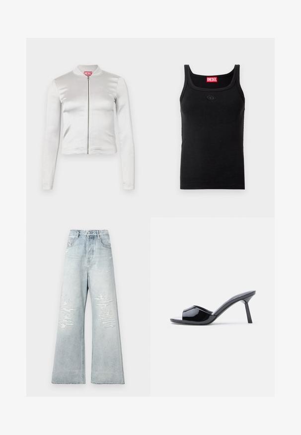 Chaqueta blanca de satén con cremallera, de mangas largas, diseño ajustado, cuello acanalado y detalle del logo rojo en el cuello. Textura suave con un brillo mínimo.; Camiseta sin mangas negra hecha de tela acanalada. Presenta un escote redondo, tirantes anchos y un pequeño parche con el logo en la parte delantera. Sin patrones visibles.; Jeans de tiro alto de pierna ancha en un tono azul claro, con parches desgastados en los muslos frontales y estilo de cinco bolsillos, sobre un fondo blanco liso.; Sandalias de tacón con punta abierta de charol negro, con un diseño superior curvado y tacón de aguja cónico. Acabado liso y brillante.
