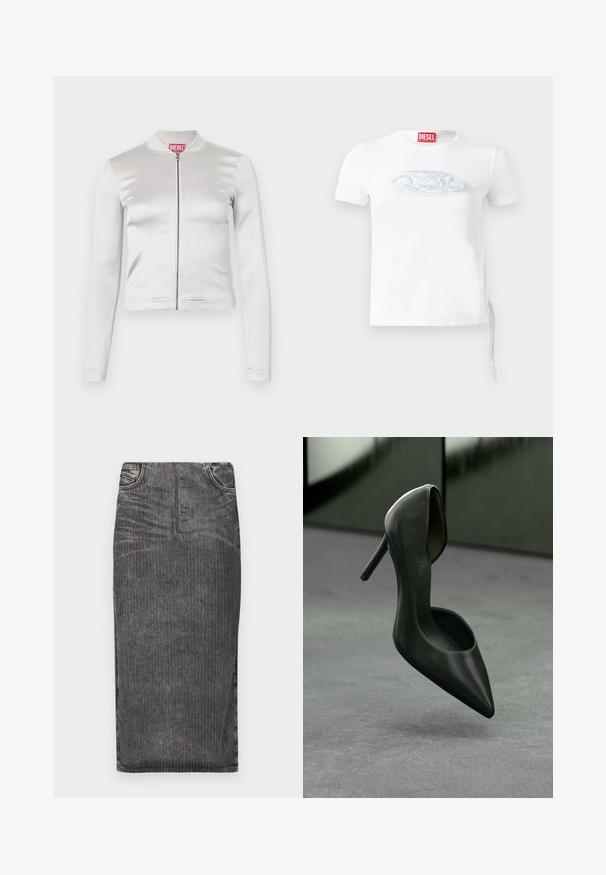 Weißes Satin-Zip-Up-Jackett mit langen Ärmeln, figurbetontem Design, geripptem Kragen und rotem Logo-Detail am Hals. Glatte Textur mit minimalem Glanz.; Weißes kurzärmeliges T-Shirt aus Baumwolle mit einem dezenten, in Blau-Grau geprägten Logo auf der Brust und einer seitlichen Kordelzug-Detail.; Grauer Denim-Midi-Rock mit vertikalen Nadelstreifen, hoher Taillenbund, Fünf-Taschen-Design und einem sauberen Saum.; Schwarzer Leder-High-Heel-Schuh mit spitzem Loch und geschwungener Kragenlinie, ausgestattet mit einem schlanken Stiletto-Absatz und glatter, glänzender Oberfläche.
