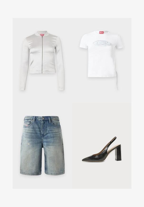 Chaqueta blanca de satén con cremallera, de mangas largas, diseño ajustado, cuello acanalado y detalle del logo rojo en el cuello. Textura suave con un brillo mínimo.; Camiseta blanca de manga corta confeccionada en algodón, con un sutil logo en relieve en azul grisáceo en el pecho y detalle de cordón lateral.; Pantalones cortos de mezclilla en azul claro, con un diseño clásico de cinco bolsillos, costuras visibles y un ligero desvanecimiento con un leve desgaste cerca del dobladillo.; Zapato slingback de piel negra con puntera puntiaguda, tacón alto y ancho, y forro interior beige sobre un fondo claro y liso.