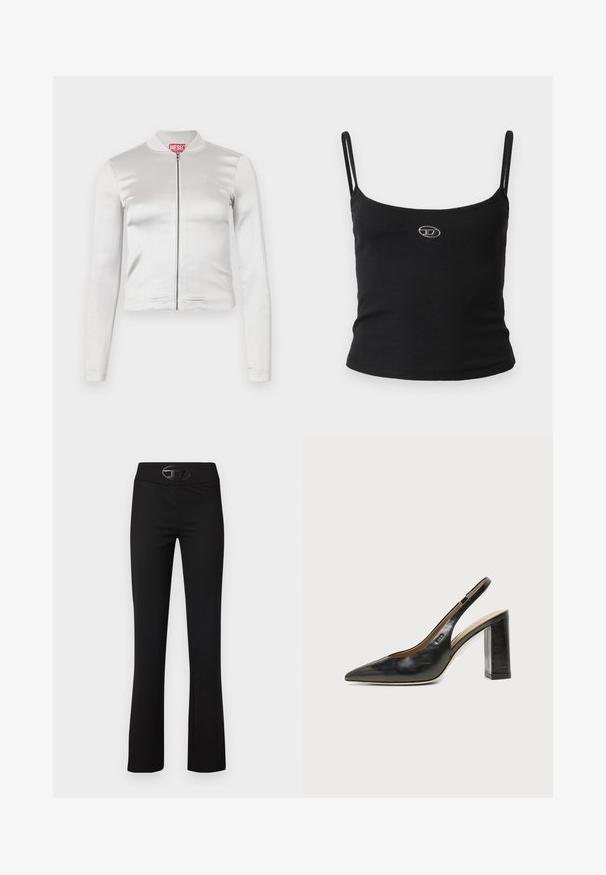 Veste zippée en satin blanc avec des manches longues, design ajusté, col côtelé et détail de logo rouge au niveau du cou. Texture lisse avec un reflet minimal.; Haut caraco noir côtelé avec fines bretelles et petit logo métallique au centre. Le tissu semble extensible et près du corps.; Pantalons évasés noirs en tissu lisse et extensible. Dotés d'une large ceinture et d'un accent logo noir brillant à l'avant.; Chaussure slingback en cuir noir à bout pointu avec un talon bloc haut et une doublure intérieure beige sur un fond clair uni.