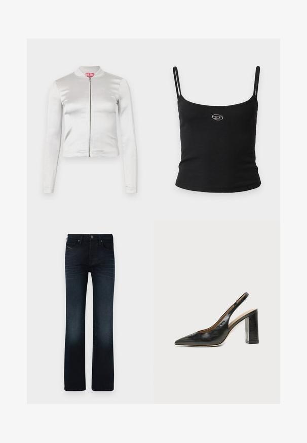 Chaqueta blanca de satén con cremallera, de mangas largas, diseño ajustado, cuello acanalado y detalle del logo rojo en el cuello. Textura suave con un brillo mínimo.; Top tipo camisola negro con textura acanalada, tirantes finos y un pequeño logo metálico en el centro. La tela parece elástica y ajustada al cuerpo.; Jeans de mezclilla azul oscuro, con un diseño de pierna recta, cinco bolsillos y un sutil desgaste en los muslos y la parte inferior de las piernas.; Zapato slingback de piel negra con puntera puntiaguda, tacón alto y ancho, y forro interior beige sobre un fondo claro y liso.