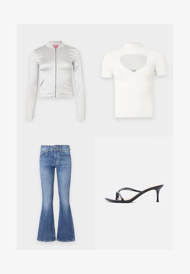 Witte satijnen zip-up jack met lange mouwen, getailleerd ontwerp, geribbelde kraag en rode logo-detail op de nek. Soepele textuur met minimale glans.; Witte geribde top met korte mouwen, een hoge kraag en een hartvormige uitsparing bij de borst, met een zilveren accentdetail in het midden.; Uitlopende blauwe denim jeans met een middelhoge taille, vijf zakken en een lichte wassing. Bevat subtiele vervaging en contrasterende stiksels.; Zwarte laklederen sandaal met hakken, dunne gekruiste bandjes en een slanke, middelhoog stilettohak op een witte achtergrond.