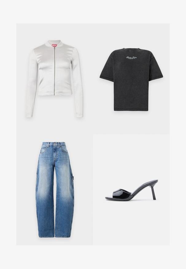Chaqueta blanca de satén con cremallera, de mangas largas, diseño ajustado, cuello acanalado y detalle del logo rojo en el cuello. Textura suave con un brillo mínimo.; Guess Jeans SCRIPT TEE - Camiseta estampada - jet black; Jeans de pierna ancha en azul claro, hechos de denim. Presentan una cintura alta, un ligero desgaste, grandes bolsillos laterales y detalles de costura en contraste.; Sandalias de tacón con punta abierta de charol negro, con un diseño superior curvado y tacón de aguja cónico. Acabado liso y brillante.