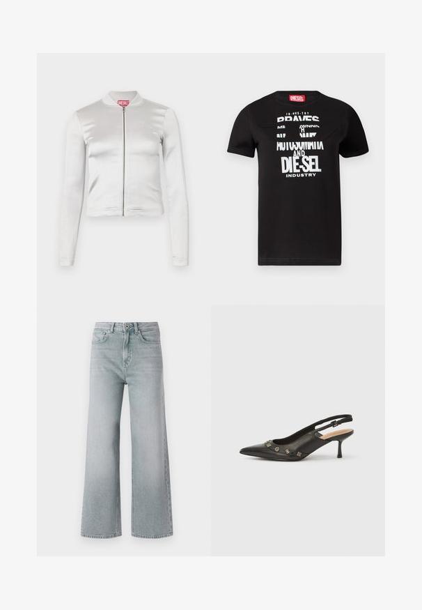 Chaqueta blanca de satén con cremallera, de mangas largas, diseño ajustado, cuello acanalado y detalle del logo rojo en el cuello. Textura suave con un brillo mínimo.; Camiseta negra de algodón con un diseño gráfico único que presenta texto blanco que dice "BRAVES", un recorte detallado y una etiqueta roja en el cuello.; Jeans de pierna ancha gris claro, hechos de mezclilla con un acabado desgastado. Presentan cinco bolsillos, pasadores para cinturón y un cierre con botón delantero.; Zapato de tacón con talón descubierto en piel negra, punta puntiaguda, tacón pequeño y detalles metálicos decorativos a lo largo de la abertura frontal. Textura lisa.