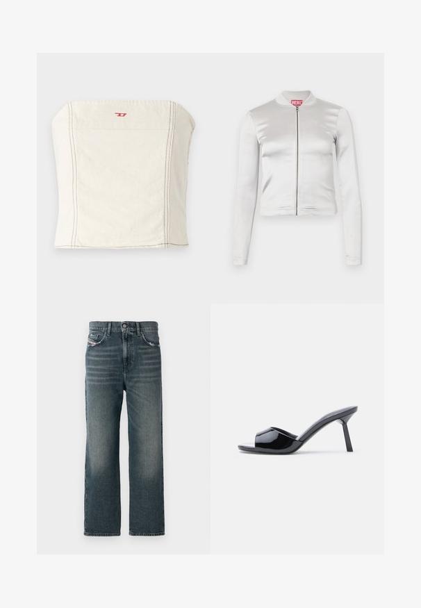 Veste zippée en satin blanc avec des manches longues, design ajusté, col côtelé et détail de logo rouge au niveau du cou. Texture lisse avec un reflet minimal.; Haut court ajusté beige clair en coton, avec une encolure droite, des détails de couture minimalistes et un petit logo rouge à l'avant.; Jeans droits bleu foncé avec une texture délavée, design à cinq poches et un petit logo sur la poche avant.; Sandales à talons ouverts en cuir verni noir, avec un design supérieur incurvé et un talon aiguille effilé. Finition lisse et brillante.