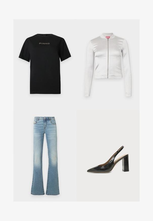 Hvid satin zip-up jakke med lange ærmer, tætsiddende design, ribbet krave og rødt logo ved nakken. Glat tekstur med minimal glans.; Sort bomulds-T-shirt med korte ærmer og rund halsudskæring. Fronten viser "PINKO"-logoet i gyldne bogstaver.; Flarvede blå denim jeans med en falmet vask, som har knap- og lynlåslukning, fem-lomme design og stikninger på sømmene.; Sort læder peep-toe slingback sko med høj blokhæl og beige indvendig foring mod en ensfarvet lys baggrund.