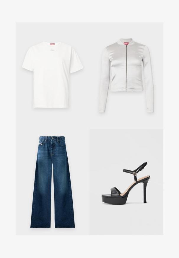 Veste zippée en satin blanc avec des manches longues, design ajusté, col côtelé et détail de logo rouge au niveau du cou. Texture lisse avec un reflet minimal.; T-shirt en coton blanc avec un col rond, des manches courtes et un petit logo argenté sur le devant. Design simple et épuré.; Jean en denim large à la coupe décontractée, dans un lavage foncé. Doté d'un design classique à cinq poches, avec fermeture à bouton et légère décoloration sur les cuisses.; Sandales à plateforme noires avec un talon haut stilettos, dotées d'une tige en cuir lisse, d'un bout ouvert et d'une bride de cheville ajustable avec ferrures.