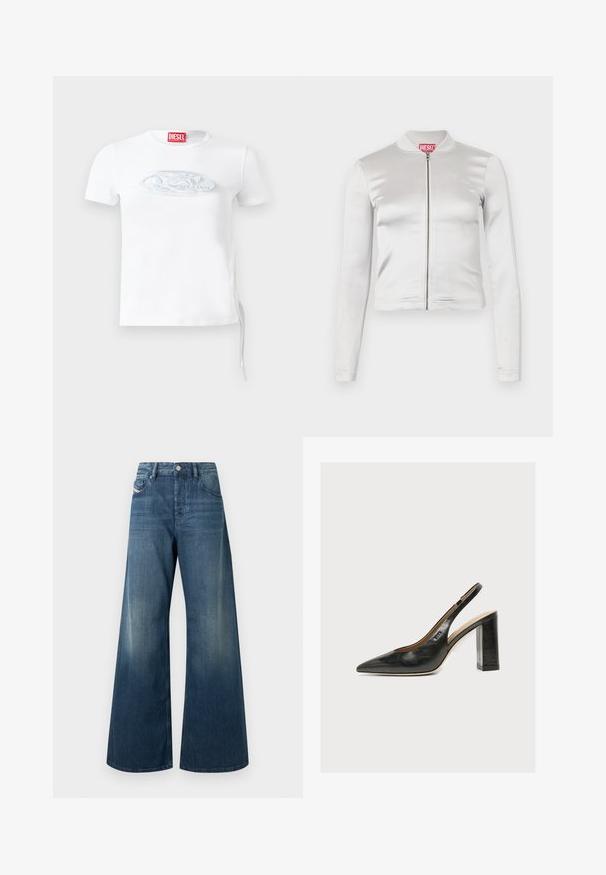 Hvid satin zip-up jakke med lange ærmer, tætsiddende design, ribbet krave og rødt logo ved nakken. Glat tekstur med minimal glans.; Hvid kortærmet t-shirt lavet af bomuld, med et diskret præget logo i blågrå på brystet og justerbar snørredetalje i siden.; Vidbenede jeans i mørkeblå denim med en falmet finish, traditionelt design med fem lommer og en metal knaplukning i taljen.; Sort læder kvindesko med slingback, spids tå og tyk blokhøj hæl på hvid baggrund.