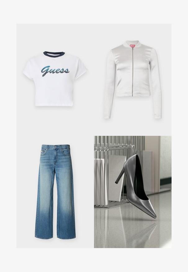 Veste zippée en satin blanc avec des manches longues, design ajusté, col côtelé et détail de logo rouge au niveau du cou. Texture lisse avec un reflet minimal.; T-shirt blanc court à manches courtes, col bleu marine, avec le logo "Guess" en script bleu et noir sur la poitrine.; Jean en denim bleu à jambes larges avec un délavage clair estompé sur l'avant des cuisses, des poches avant, des passants de ceinture, et une fermeture par bouton.; Chaussure noire à talon haut suspendue en l'air devant un classeur métallique avec des dossiers sur une surface polie.