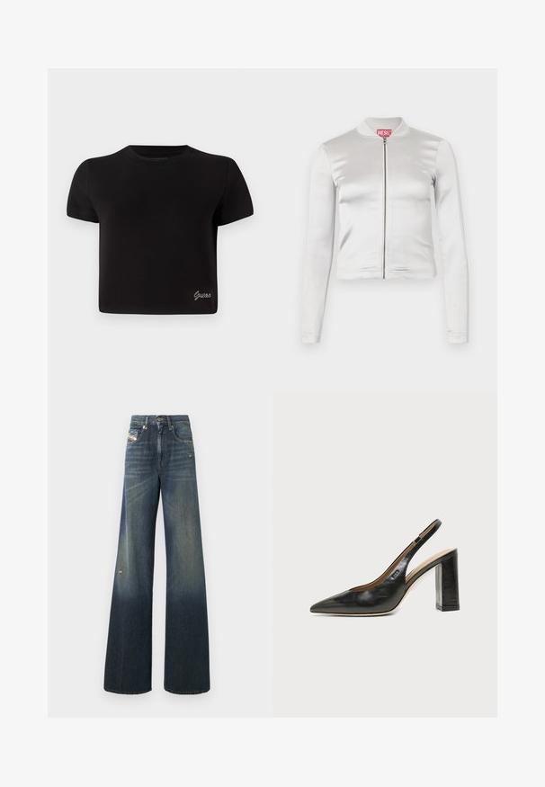 Veste zippée en satin blanc avec des manches longues, design ajusté, col côtelé et détail de logo rouge au niveau du cou. Texture lisse avec un reflet minimal.; T-shirt noir à manches courtes en coton. Il présente un col rond et un petit logo "Guess" en argent en bas à gauche.; Jean en denim à jambes larges de couleur bleu foncé avec une finition délavée, présentant un genou usé et un design classique à cinq poches avec une étiquette.; Chaussure slingback en cuir noir à bout pointu avec un talon bloc haut et une doublure intérieure beige sur un fond clair uni.