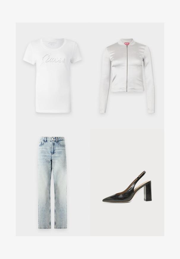 Veste zippée en satin blanc avec des manches longues, design ajusté, col côtelé et détail de logo rouge au niveau du cou. Texture lisse avec un reflet minimal.; T-shirt blanc à manches courtes avec logo « Guess » en relief orné de strass, col rond et en tissu en coton doux.; Jeans taille haute bleu clair en denim. Conception à jambe droite avec un léger dégradé, cinq poches et fermetures à bouton en métal.; Chaussure slingback en cuir noir à bout pointu avec un talon bloc haut et une doublure intérieure beige sur un fond clair uni.
