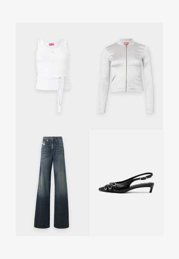 Veste zippée en satin blanc avec des manches longues, design ajusté, col côtelé et détail de logo rouge au niveau du cou. Texture lisse avec un reflet minimal.; Débardeur blanc côtelé sans manches, avec encolure ronde, logo Diesel sur la poitrine, et longue ceinture en tissu nouée à la taille.; Jean en denim à jambes larges de couleur bleu foncé avec une finition délavée, présentant un genou usé et un design classique à cinq poches avec une étiquette.; Chaussure slingback en cuir noir avec bout pointu, trois boucles argentées à l'avant et petit talon kitten sur fond blanc.