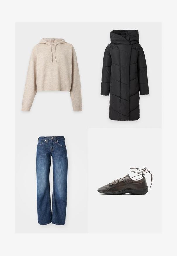 Manteau matelassé noir avec une grande capuche, présentant un motif matelassé en diagonal, des manches longues et une coupe droite qui descend au-delà des genoux.; Sweat à capuche court en maille beige avec manches longues et cordons, présenté sur un fond clair uni.; Jean en denim bleu foncé avec une coupe droite, comportant cinq poches et une fermeture à bouton à l'avant. Fading subtil le long des cuisses.; Baskets en cuir marron avec semelle noire et longs lacets enroulés autour de la cheville, vues de profil sur un fond blanc.