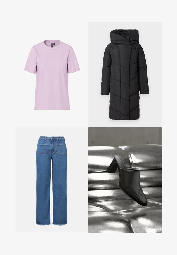Manteau matelassé noir avec une grande capuche, présentant un motif matelassé en diagonal, des manches longues et une coupe droite qui descend au-delà des genoux.; T-shirt à manches courtes violette claire avec col rond et étiquette de marque "PIECES" à l'intérieur du col, présenté sur un fond blanc.; Jeans taille haute à jambes larges en denim bleu, avec une fermeture à bouton, deux poches arrière et un ourlet brut aux poignets.; Mule en cuir noir avec talon bloc reposant sur une surface argentée brillante capitonnée, mettant en valeur son design élégant et ses détails incurvés.