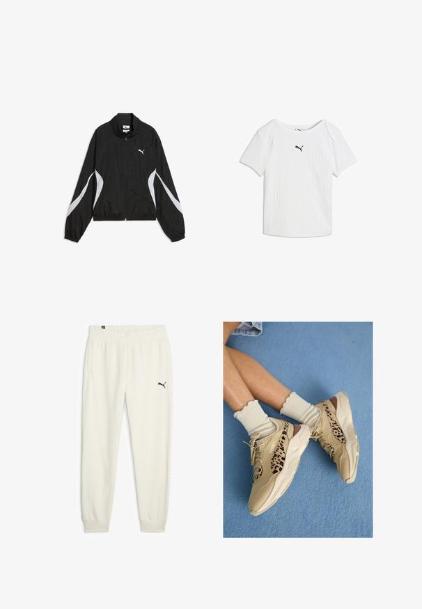 Chaqueta negra Puma con cremallera, con rayas curvas blancas en las mangas y el frente, puños y dobladillo elásticos, y logo de Puma en el pecho.; Camiseta blanca acanalada de manga corta con escote redondo y un pequeño logo negro de Puma en el centro del pecho.; Pantalones de chándal color crema hechos de una tela suave, con cintura elástica, bolsillos laterales y un pequeño logo negro en el muslo izquierdo.; Piernas cruzadas con zapatillas Puma beige con rayas de estampado de leopardo y calcetines crema con volantes sobre una alfombra azul.