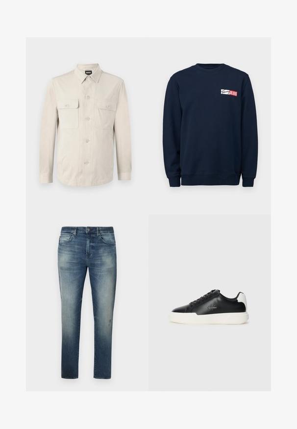 Hellbeige Hemd mit langen Ärmeln, zwei vorderen Taschen und klassischem Kragen. Aus glattem Stoff und in lockerer Passform.; Navy-blaues Sweatshirt aus weichem Material, mit Rundhalsausschnitt, langen Ärmeln und einem weißen/roten Logopatch in der Mitte der Brust.; Blaue Denim-Jeans mit einem verblassten Design, geradem Beinschnitt, fünf Taschen und einem kleinen Logodetail am Bund, ausgestattet mit einem Knopfverschluss.; Schwarze Ledersneaker mit weißer Gummisohle. Merkmale sind eine runde Zehenpartie, ein Schnürdesign und ein Logo-Detail an der Seite. Rückseitiger Akzent in Weiß.