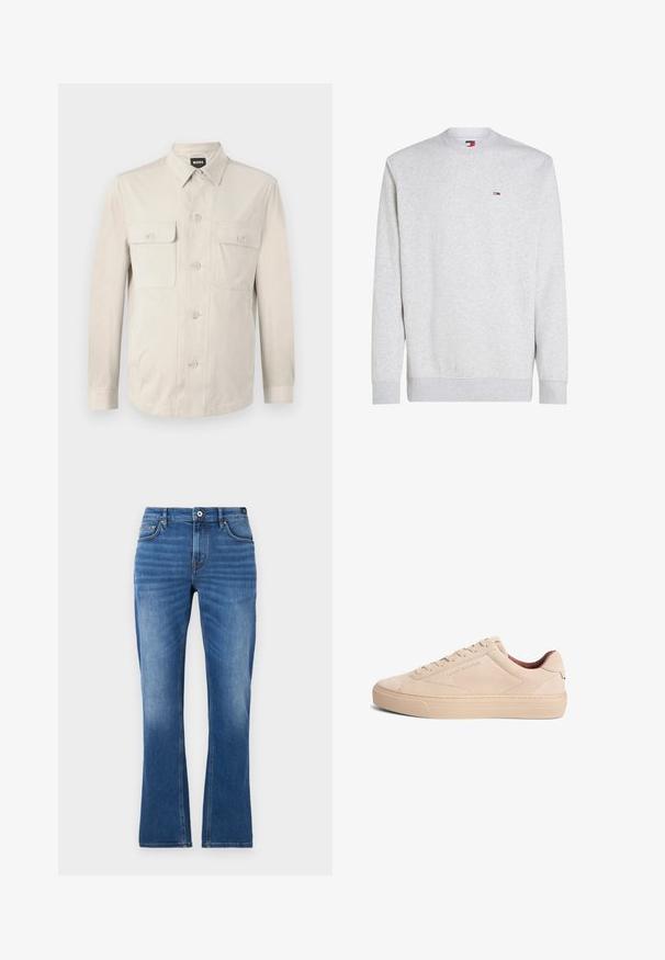 Lys beige skjorte med lange ærmer, to frontlommer og klassisk krave. Fremstillet af glat stof med en afslappet pasform.; Grå sweatshirt lavet af bomuldsblanding, der har rund halsudskæring, ribstrikkede manchetter og kant, samt et lille mærket logo på brystet.; Mellemblå denim flared jeans. Har fem lommer, syede detaljer, knaplukning og en let falmet tekstur på benene.; Beige lav sko med snørelukning foran, præget "Tommy Hilfiger"-branding på siden og tyk gummisål.