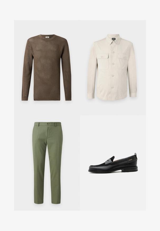 Chemise boutonnée beige clair à manches longues, avec deux poches avant et un col classique. Fabriquée en tissu lisse avec une coupe décontractée.; Pull en tricot marron à manches longues avec un motif structuré et ajouré. L'encolure ronde et les poignets côtelés complètent le design.; Pantalons verts en tissu texturé, avec une coupe slim, des jambes droites et une fermeture à bouton à l'avant. Convient pour une tenue décontractée ou formelle.; Mocassin en cuir noir avec détail de bride grise, talon bas et semelle texturée, marqué "HUGO" en or sur le côté.