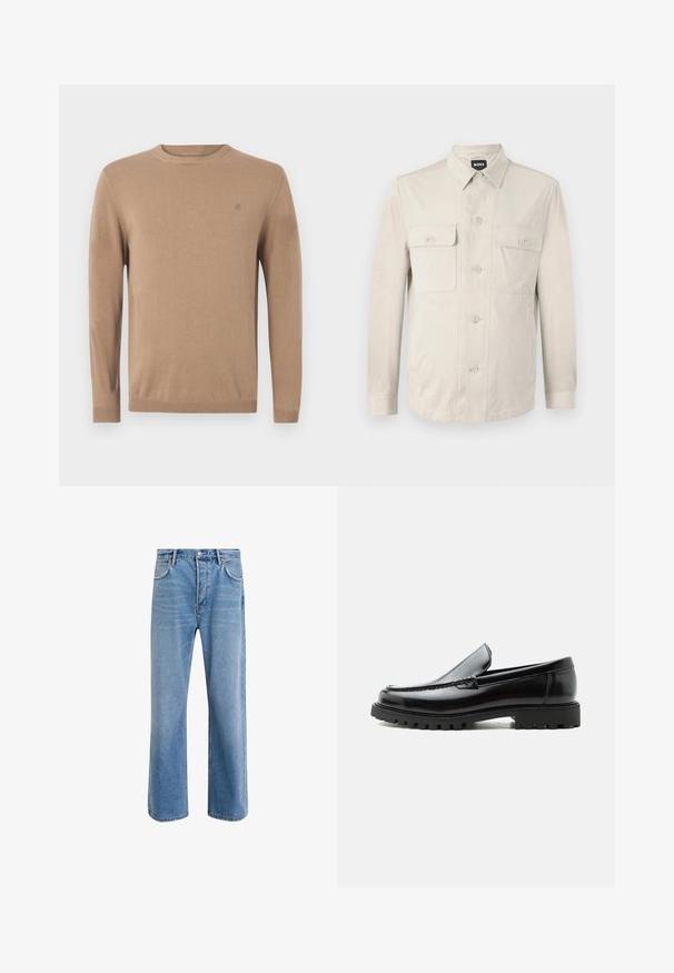 Lys beige skjorte med lange ærmer, to frontlommer og klassisk krave. Fremstillet af glat stof med en afslappet pasform.; Beige strikket sweater med rund hals, lange ærmer og et lille logo på brystet. Har ribbede manchetter og kant for en tætsiddende pasform.; Lyseblå denim jeans med lige ben-design, fem lommer, knaplukning, minimal falming og kontraststingdetaljer.; Sort læderloafer med chunky gummisål, syet overdel og præget mærkenavn på hælen, vist i sideprofil på hvid baggrund.