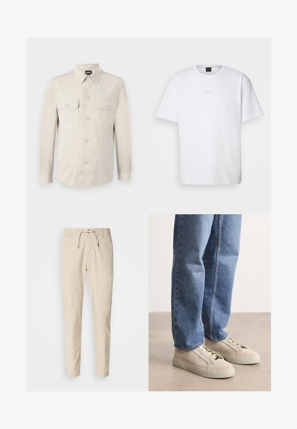 Lys beige skjorte med lange ærmer, to frontlommer og klassisk krave. Fremstillet af glat stof med en afslappet pasform.; Hvid bomulds T-shirt med korte ærmer, rund halsudskæring og præget "BOSS" logo på brystet. Glat tekstur, standard pasform.; Lys beige bukser med en glat stoftekstur, elastisk talje og justerbar snor. Taperet ben-design. Ingen synlige mønstre.; BOSS GARYTENN_SDHDEL - Sneakers - natural ten