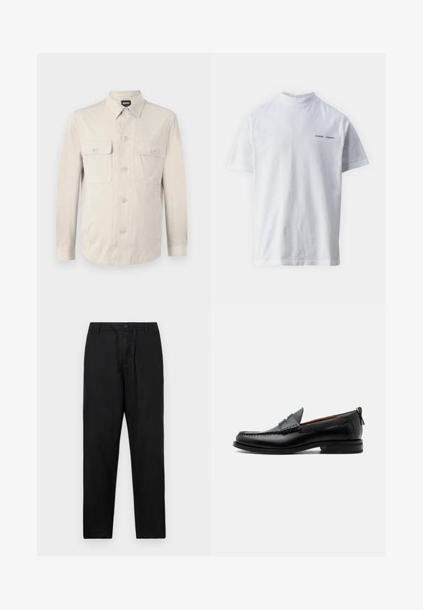 Lys beige skjorte med lange ærmer, to frontlommer og klassisk krave. Fremstillet af glat stof med en afslappet pasform.; Hvid bomulds t-shirt med høj halsudskæring og korte ærmer. Har "SAMSØE SAMSØE" logo i sort på forsiden. Glat tekstur.; Sorte linnedbukser med lige pasform, som har en knaplukning, justerbar snor og ingen synlige mønstre eller detaljer.; Sort læder herre loafer med moc-tå syning, penny strop, struktureret krave og lav stablet hæl på hvid baggrund.