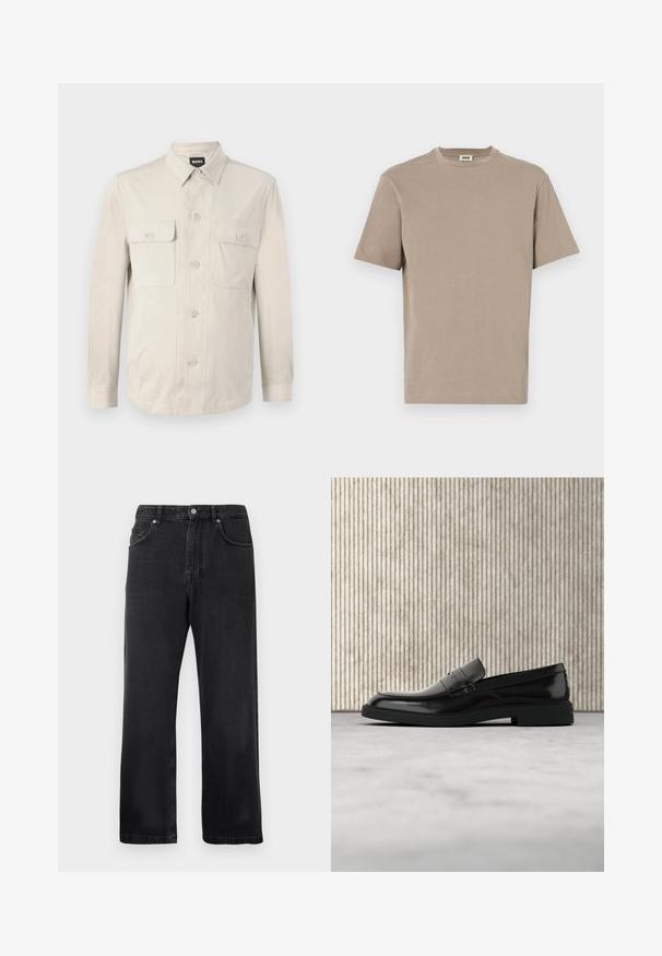 Hellbeige Hemd mit langen Ärmeln, zwei vorderen Taschen und klassischem Kragen. Aus glattem Stoff und in lockerer Passform.; Beige Baumwoll-T-Shirt mit rundem Halsausschnitt, kurzen Ärmeln und geradem Saum. Glatte Textur, minimalistisches Design, keine sichtbaren Grafiken oder Akzente.; Schwarze gerade geschnittene Jeans mit Vordertaschen, Gürtelschlaufen und einem Knopfverschluss auf weißem Hintergrund.; Schwarzer, polierter Lederloafer, der über einem beigen Teppich schwebt, mit orangener, durchscheinender Möbel im Hintergrund.