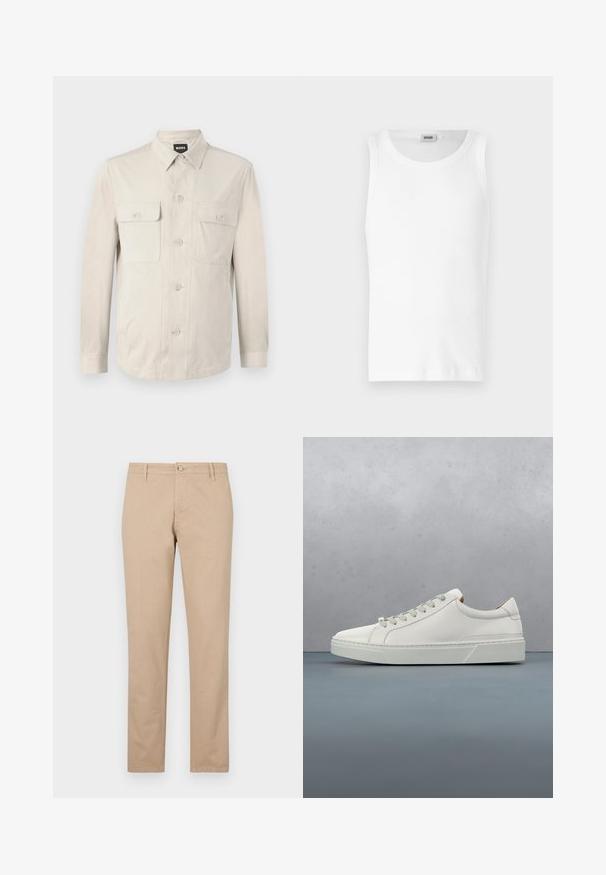 Camisa abotonada beige claro con mangas largas, dos bolsillos frontales y collar clásico. Hecha de una tela suave con un ajuste relajado.; Camiseta sin mangas de algodón blanco con cuello redondo y una textura suave. Diseño sencillo, sin patrones ni acentos.; Pantalones beige de algodón con corte recto, que cuentan con un cierre frontal de botones, bolsillos laterales y detalles de textura sutil.; Zapatilla blanca de cuero con punta redondeada, diseño minimalista, cordones grises y suela de goma texturizada gris. Detalles de costura sutiles visibles.
