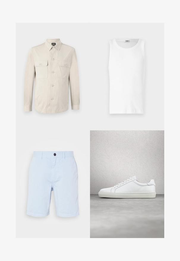 Hellbeige Hemd mit langen Ärmeln, zwei vorderen Taschen und klassischem Kragen. Aus glattem Stoff und in lockerer Passform.; Weißes Baumwoll-Tanktop ohne Ärmel mit Rundhalsausschnitt und glatter Textur. Einfaches Design, ohne Muster oder Akzente.; Hellblaue Baumwollshorts mit einem vorderen Knopfverschluss, Gürtelschlaufen und geradem Schnitt. Glatte Textur ohne sichtbare Muster.; Weißer Sneaker mit glattem Lederobermaterial und niedrigem Profil. Verfügt über eine runde Zehenpartie, sechs Ösen und eine strukturierte Gummisohle.