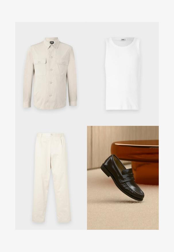 Chemise boutonnée beige clair à manches longues, avec deux poches avant et un col classique. Fabriquée en tissu lisse avec une coupe décontractée.; Débardeur en coton blanc sans manches avec un col rond et une texture lisse. Design simple, sans motifs ni accents.; Chinos en coton beige clair avec une coupe droite, dotés d'une fermeture par bouton et de deux poches latérales. Texture lisse sans motifs visibles.; Mocassin en cuir noir brillant avec un détail de bride, posé sur un tapis beige près d'une table basse ronde en bois brun dans une pièce doucement éclairée.