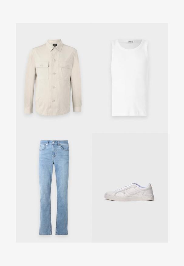 Lys beige skjorte med lange ærmer, to frontlommer og klassisk krave. Fremstillet af glat stof med en afslappet pasform.; Hvid bomulds tanktop uden ærmer med rund halsudskæring og en glat tekstur. Enkel design, ingen mønstre eller accenter.; Lysblå, lige ben jeans lavet af bomuldsdenim. Har fem lommer, lukning med knap foran og subtile syninger.; Hvid lavtop sneaker med snørebånd, syning detaljer og "BOSS" branding på siden og sålen, vist fra ydersiden.