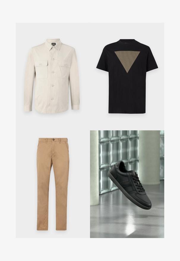 Chemise boutonnée beige clair à manches longues, avec deux poches avant et un col classique. Fabriquée en tissu lisse avec une coupe décontractée.; T-shirt en coton noir avec un grand motif triangulaire en rayures verticales marron sur le devant. Encolure ronde et manches courtes.; Chinos beige à jambes droites en coton. Présentent un bouton à l'avant, une fermeture éclair, et des poches latérales avec une texture lisse et sans motifs visibles.; Baskets noires Tommy Hilfiger avec des lacets flottant au-dessus d'un sol en béton brillant près d'un mur en briques de verre et d'un pilier blanc.