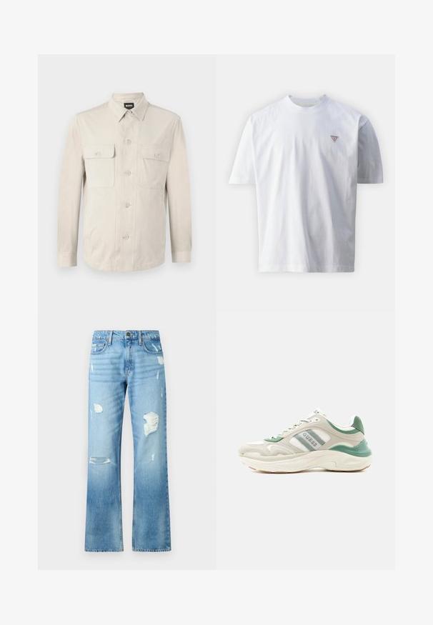 Hellbeige Hemd mit langen Ärmeln, zwei vorderen Taschen und klassischem Kragen. Aus glattem Stoff und in lockerer Passform.; Weißes Baumwoll-T-Shirt mit runden Halsausschnitt, kurzen Ärmeln und einem kleinen roten Dreieckslogo auf der linken Brustseite. Glatte Textur.; Hellblaue Jeans aus Denim mit geradem Bein, ausgestattet mit Rissen und einem ausgewaschenen Finish. Enthält einen Metallknopf und fünf Taschen.; Low-Top-Sneaker in Beige und Grün mit weißer Sohle, seitlichen Logostreifen und texturiertem Design, schräg nach links auf weißem Hintergrund.