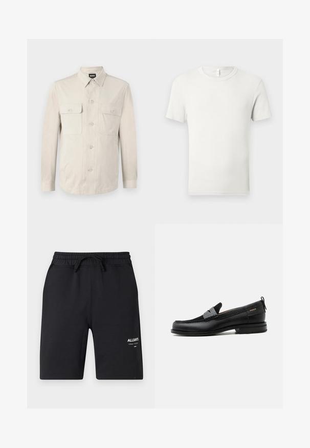Chemise boutonnée beige clair à manches longues, avec deux poches avant et un col classique. Fabriquée en tissu lisse avec une coupe décontractée.; T-shirt blanc uni à manches courtes et col rond, étalé à plat sur un fond gris clair, avec une petite étiquette en tissu au niveau du col.; Shorts en coton noir avec une taille élastique, un cordon de serrage et des détails de logo blanc. Texture lisse et design à longueur de genou.; Mocassin en cuir noir avec détail de bride grise, talon bas et semelle texturée, marqué "HUGO" en or sur le côté.