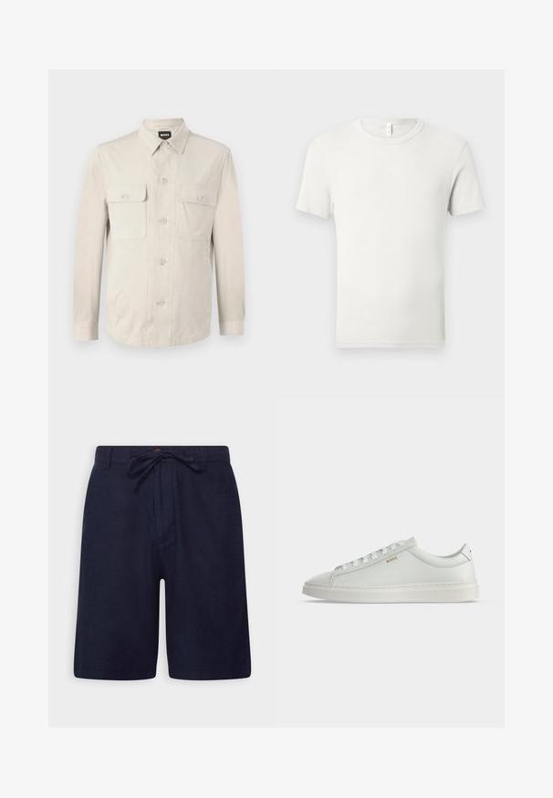Lichtbeige overhemd met lange mouwen, twee voorkruiden en een klassieke kraag. Gemaakt van een zachte stof met een relaxte pasvorm.; Effen witte korte mouw T-shirt met ronde hals plat gelegd op een lichtgrijze achtergrond met een klein stoffen label bij de kraag.; Marineblauwe shorts van een lichtgewicht stof, met een trekkoord in de taille, een knoopsluiting en zijzakken. Gladde textuur en een getailleerde pasvorm.; Witte lage leren sneaker met veters, platte zool en klein gouden "BOSS" logo aan de zijkant, gezien vanaf de buitenkant.