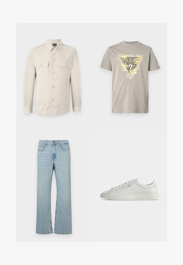 Camisa abotonada beige claro con mangas largas, dos bolsillos frontales y collar clásico. Hecha de una tela suave con un ajuste relajado.; Camiseta de algodón gris con un gráfico triangular que incluye la palabra "GUESS" y detalles florales en amarillo. Cuello redondo, mangas cortas y corte estándar.; Jeans de mezclilla de corte acampanado de un azul claro, con una cintura de altura media, cinco bolsillos y costuras en contraste. Incluyen una cremallera y un cierre de botón metálico.; Zapatilla blanca de cuero de corte bajo con cordones, suela plana y pequeño logo dorado "BOSS" en el lateral, vista desde el lado exterior.