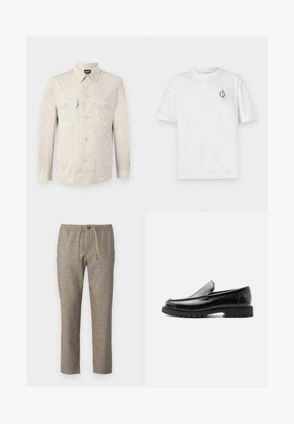Chemise boutonnée beige clair à manches longues, avec deux poches avant et un col classique. Fabriquée en tissu lisse avec une coupe décontractée.; T-shirt en coton blanc avec une coupe décontractée, présentant un petit logo graphique noir sur le côté gauche de la poitrine. Manches courtes, col rond.; Pantalons beiges avec une taille élastique, fermeture à cordon de serrage et une coupe droite. Le matériau a une texture subtile.; Mocassin en cuir noir avec semelle en caoutchouc épaisse, dessus cousu et nom de marque embossé sur le talon, présenté de profil sur fond blanc.