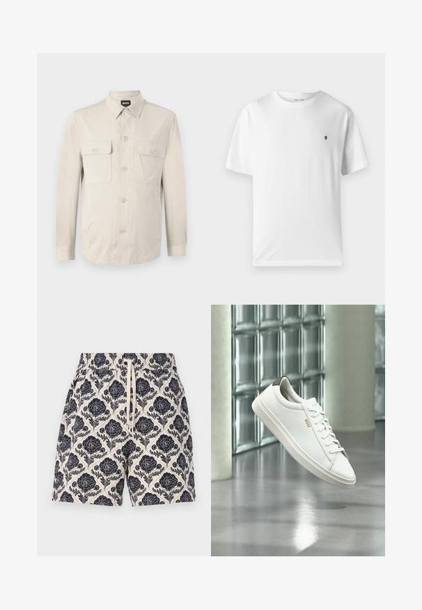 Hellbeige Hemd mit langen Ärmeln, zwei vorderen Taschen und klassischem Kragen. Aus glattem Stoff und in lockerer Passform.; Weißes Baumwoll-T-Shirt mit rundem Halsausschnitt, kurzen Ärmeln und einem kleinen schwarzen Logo auf der Brust. Weicher Stoff, lässige Passform.; Bedruckte Shorts in Creme mit navyfarbenem Blumenmuster, ausgestattet mit einem elastischen Bund und Kordelzug, aus leichtem Stoff gefertigt.; Weißer Leder-Low-Top-Sneaker mit Schnürsenkeln, schwarzer Fersenschlaufe und „BOSS“-Logo, der drinnen nahe einer Glassteinwand und einem polierten Boden schwebt.