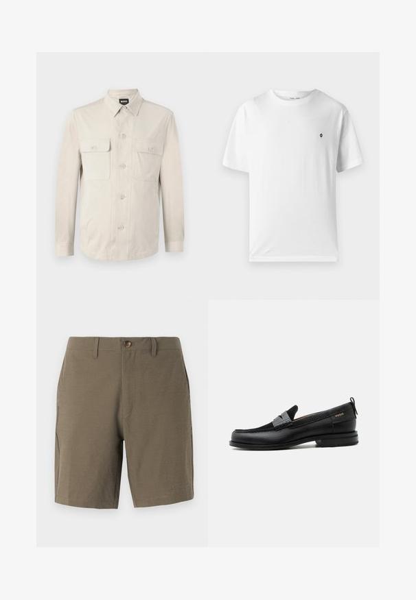 Camisa abotonada beige claro con mangas largas, dos bolsillos frontales y collar clásico. Hecha de una tela suave con un ajuste relajado.; Camiseta blanca de algodón con cuello redondo, mangas cortas y un pequeño logo negro en el pecho. Textura suave, corte casual.; Pantalones cortos en verde oliva hechos de un tejido texturizado, con cierre de botón y frente plano, y con bolsillos laterales para mayor funcionalidad.; Mocasín de cuero negro con detalle de tira gris, tacón bajo y suela texturizada, con la marca "HUGO" en oro en el lateral.