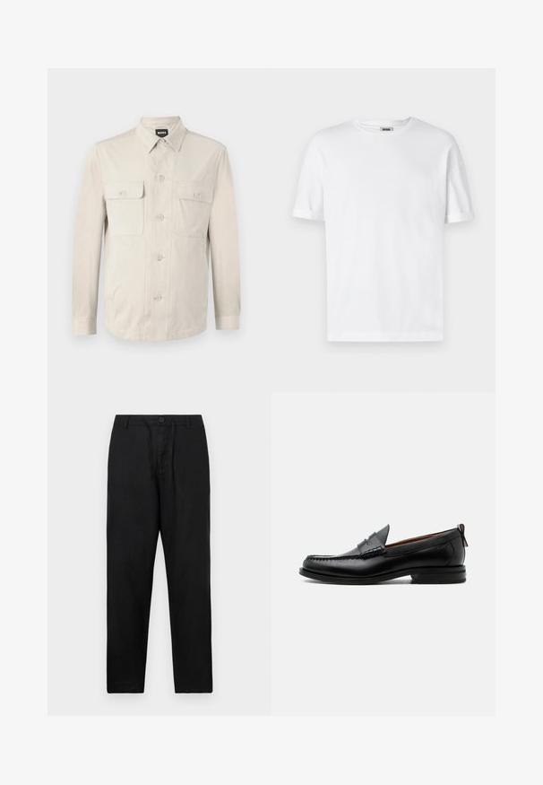 Hellbeige Hemd mit langen Ärmeln, zwei vorderen Taschen und klassischem Kragen. Aus glattem Stoff und in lockerer Passform.; Weißes Baumwoll-T-Shirt mit Rundhalsausschnitt, kurzen Ärmeln und umgeschlagenen Bündchen; schlichtes Design, weiche Textur und gerade geschnitten.; Schwarze Leinenhose mit geradem Schnitt, ausgestattet mit einem Knopfverschluss, verstellbarem Kordelzug und ohne sichtbare Muster oder Akzente.; Schwarzer Leder-Herrenschuh mit Mokassinnaht, Penny-Riemen, strukturiertem Kragen und niedrigem gestapeltem Absatz auf weißem Hintergrund.