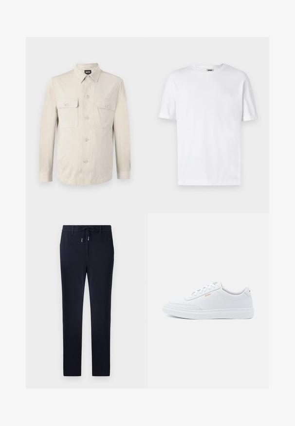 Lichtbeige overhemd met lange mouwen, twee voorkruiden en een klassieke kraag. Gemaakt van een zachte stof met een relaxte pasvorm.; Witte katoenen t-shirt met een ronde hals, korte mouwen en omgeslagen mouwen; ongecompliceerd ontwerp, zachte textuur en rechte snit.; Marineblauwe broek met een verstelbare tailleband, slanke pasvorm en een gladde textuur. Geen zichtbare patronen of accenten.; Witte leren sneakers met een gladde textuur, ronde neus en tonale stiksels. Voorzien van blauwe veters en een gouden logo op de zijkant.