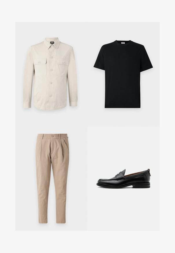 Lys beige skjorte med lange ærmer, to frontlommer og klassisk krave. Fremstillet af glat stof med en afslappet pasform.; Simpel sort kortærmet T-shirt med rund hals, præsenteret fladt mod en hvid baggrund, med et lille mærke syet ind i kraven.; Beige bomuldsbukser med afslappet pasform, elastisk talje, knaplukning og sidelommer. Glat tekstur, tapered ben design.; Sort læder herre loafer med moc-tå syning, penny strop, struktureret krave og lav stablet hæl på hvid baggrund.