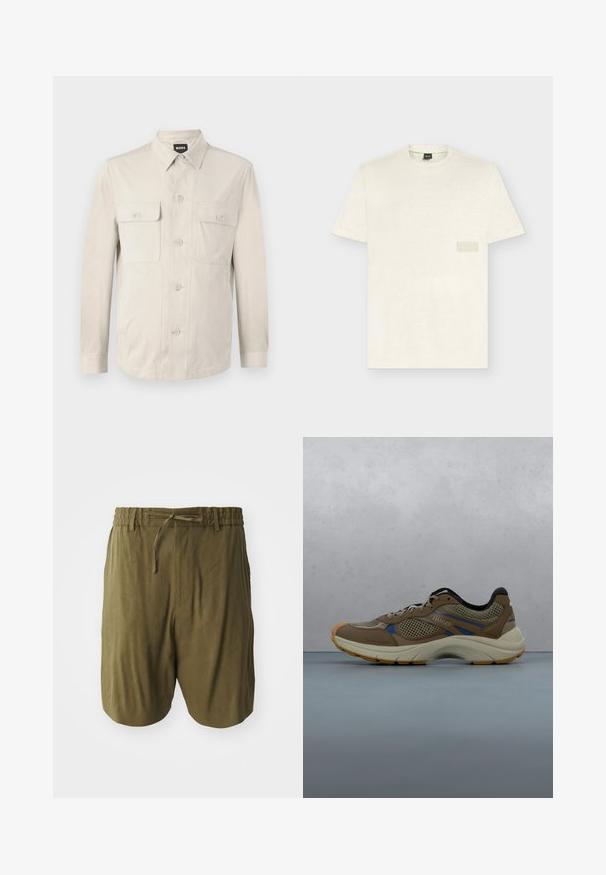 Lys beige skjorte med lange ærmer, to frontlommer og klassisk krave. Fremstillet af glat stof med en afslappet pasform.; Off-white T-shirt med korte ærmer og rund halsudskæring med et diskret rektangulært patch på brystet og mærket label ved halsen.; Olivengrønne shorts lavet af letvægtsstof, med en elastisk talje med snoretræk og sidelommer for ekstra bekvemmelighed.; Brun sportsko i mesh med grå accenter, der har en tekstureret overdel, tyk sål og en blå stribe. Vist ovenpå trætæpper med grus.