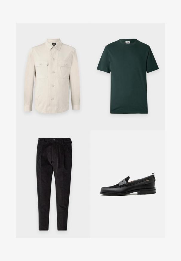 Lys beige skjorte med lange ærmer, to frontlommer og klassisk krave. Fremstillet af glat stof med en afslappet pasform.; Mørkegrøn kortærmet T-shirt lavet af glat bomuld, med rund hals og en afslappet pasform, uden synlige mønstre eller udsmykninger.; Sorte fløjl bukser med en tekstureret overflade, der har lige ben, plisseret front og elastisk talje for øget komfort.; Sort læderloafer med grå remdetalje, lav hæl og tekstureret sål, mærket med "HUGO" i guld på siden.