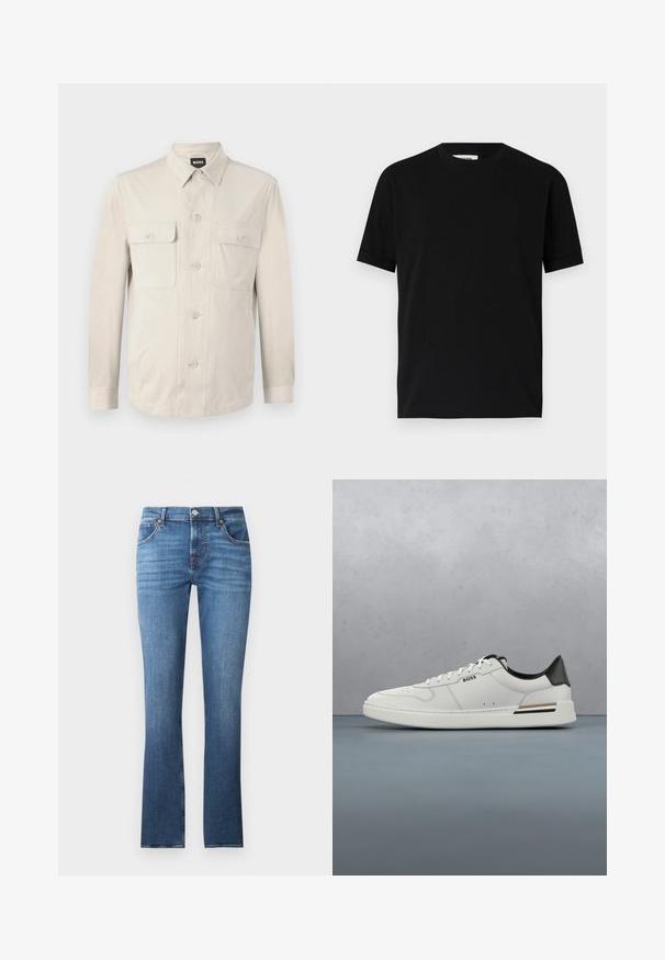 Hellbeige Hemd mit langen Ärmeln, zwei vorderen Taschen und klassischem Kragen. Aus glattem Stoff und in lockerer Passform.; Schwarzes kurzärmliges T-Shirt aus Baumwolle mit Rundhalsausschnitt und lockerer Passform. Sanfte Textur, keine Muster oder sichtbaren Logos.; Blaue Jeans aus Denim mit geradem Bein, leicht ausgebleicht, fünf Taschen und Metallbeschlägen. Der Bund ist mit Gürtelschlaufen ausgestattet.; Weißer Sneaker mit niedrigem Schnitt und schwarzer Ferse, Schnürverschluss, dezenten Perforationen und "BOSS"-Logo an der Seite, gezeigt von der äußeren Seitenansicht.