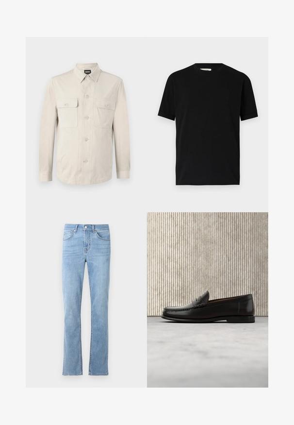 Hellbeige Hemd mit langen Ärmeln, zwei vorderen Taschen und klassischem Kragen. Aus glattem Stoff und in lockerer Passform.; Schwarzes kurzärmliges T-Shirt aus Baumwolle mit Rundhalsausschnitt und lockerer Passform. Sanfte Textur, keine Muster oder sichtbaren Logos.; Helle blaue, gerade geschnittene Jeans aus Baumwoll-Denim. Verfügt über fünf Taschen, einen frontalen Knopfverschluss und dezente Steppdetails.; Schwarzer Pennyloafer aus Leder mit niedrigem Absatz, abgerundeter Spitze und genähten Details vorne und an den Seiten, gezeigt vor neutralem Hintergrund.