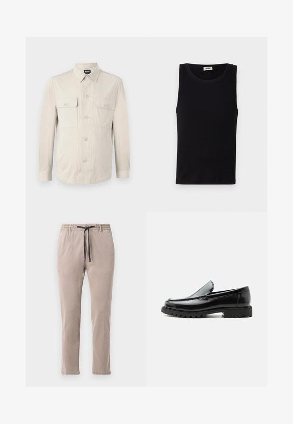 Chemise boutonnée beige clair à manches longues, avec deux poches avant et un col classique. Fabriquée en tissu lisse avec une coupe décontractée.; Débardeur noir sans manches en coton doux. Il présente une encolure ronde et une coupe droite, avec des détails de couture minimaux.; Pantalons beiges avec une taille élastique et un cordon de serrage noir. Design à jambes droites avec une texture douce et des détails de couture minimaux.; Mocassin en cuir noir avec semelle en caoutchouc épaisse, dessus cousu et nom de marque embossé sur le talon, présenté de profil sur fond blanc.