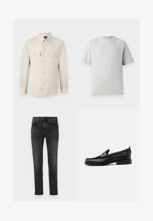 Chemise boutonnée beige clair à manches longues, avec deux poches avant et un col classique. Fabriquée en tissu lisse avec une coupe décontractée.; T-shirt gris à manches courtes en tissu doux. Il présente un col rond, une coupe décontractée, et ne comporte ni motifs ni logos. Texture lisse sur l'ensemble.; BOSS ONYX - Jeans fuselé - charcoal; Mocassin en cuir noir avec détail de bride grise, talon bas et semelle texturée, marqué "HUGO" en or sur le côté.