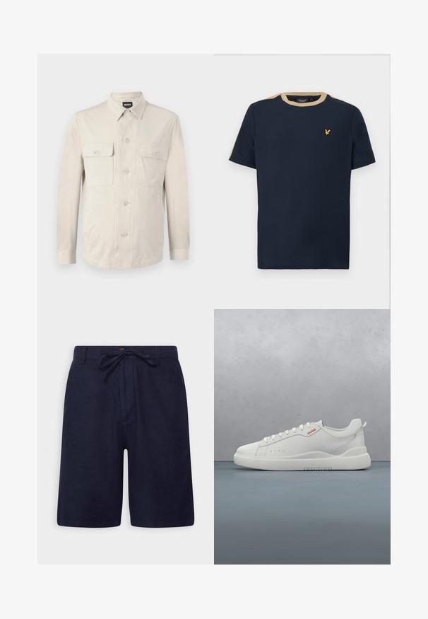 Camisa abotonada beige claro con mangas largas, dos bolsillos frontales y collar clásico. Hecha de una tela suave con un ajuste relajado.; Camiseta azul marino de algodón con escote redondo y mangas cortas. Presenta un borde de color beige y un pequeño logo bordado en dorado.; Pantalones cortos azul marino hechos de una tela ligera, con cintura ajustable, cierre de botón y bolsillos laterales. Textura suave y corte entallado.; Zapatilla blanca con un acabado de cuero liso, punta redonda, cuatro ojales, perforaciones sutiles y un detalle de logo rojo en el lateral.