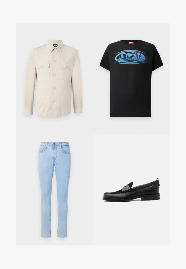 Lichtbeige overhemd met lange mouwen, twee voorkruiden en een klassieke kraag. Gemaakt van een zachte stof met een relaxte pasvorm.; Zwarte t-shirt met korte mouwen van katoen, voorzien van een blauw grafisch logo ontwerp met de tekst "www.diesel.com" op de voorkant.; Lichtblauwe denim jeans met een slim fit ontwerp, vijf zakken, sluiting met een knoop aan de voorkant en subtiele vervaging. Slanke snit met rechte pijpen.; Zwarte leren loafer met grijs riemdetailelement, lage hak en gestructureerde zool, aan de zijkant gebrandmerkt met "HUGO" in goud.